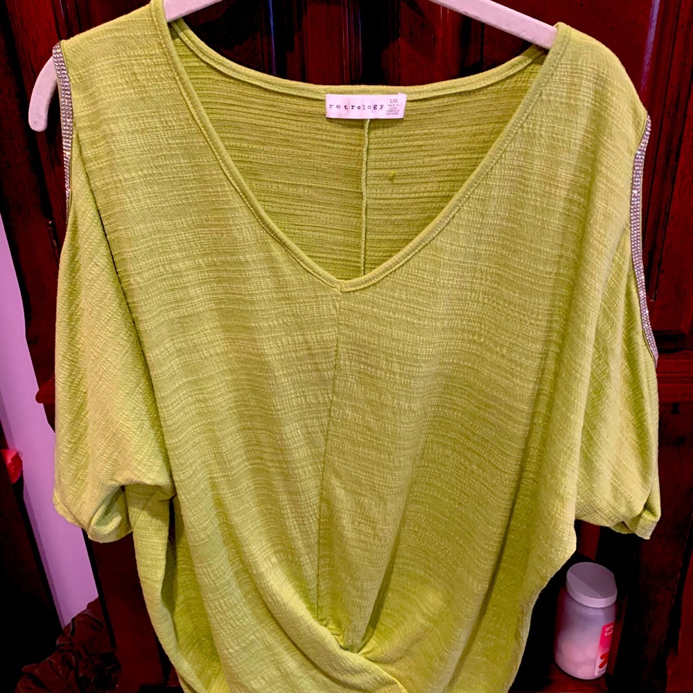 Lime green open shoulder sequined sleeves top